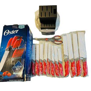 Oster 14-Piece Stainless Steel Cutlery Set With Red Handles & Wood Block